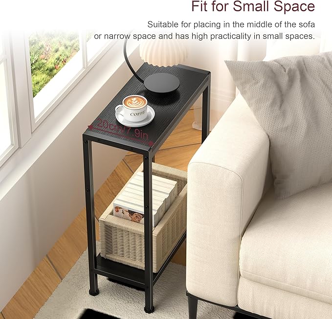 Narrow Side Table for Small Space Set of 2,2-Tier Small End Table with Shelf Holder, Slim Nightstand, Skinny Snack Couch Table in Living Room, Bedroom, Study, Kitchen and Balcony（Black