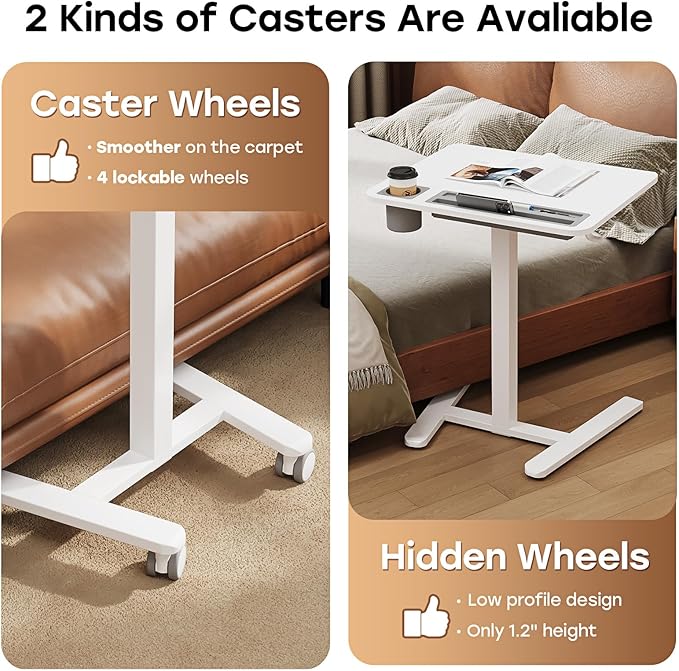 Mobile Small Standing Desk with Drawer, 23.6"x19.7" Rolling Laptop Cart on Wheels, Height Adjustable Sit Stand Computer Workstation with Storage for Compact Space, White
