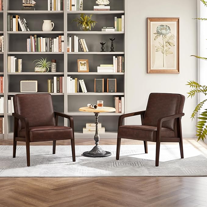 Yaheetech PU Leather Accent Chair, Mid-Century Modern Barrel Chair with Wooden Frame and Soft Thick Padded for Living Room Bedroom Home Office, 2 PCS, Dark Brown