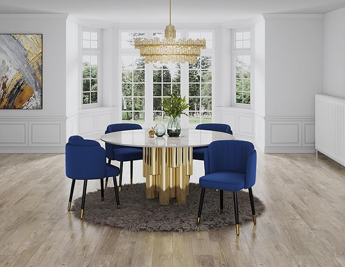 Manhattan Comfort Zephyr Modern Velvet Dining Chair, Solid Wood Frame with Gold-Tipped Splayed Legs, High Density Foam Padding, Vintage Design, Tulip Inspired Accent Furniture, Royal Blue
