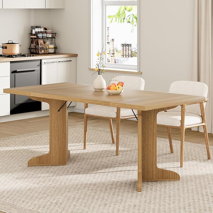 71" Large Dining Table for 6, Farmhouse Kitchen Table with Padded Top and Unique V-Shaped Feet, Rectangular Wooden Dining Table for 8 People for Home, Dining Room, Kitchen, Office,Natural