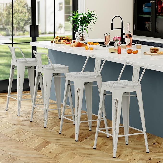 Yongchuang Industrial Metal Barstools Set of 4 Counter Height Bar Stools with Back (24" Seat Height Wooden Top Low Back, Distressed White)