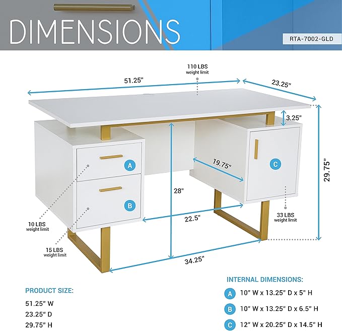Techni Mobili Storage Drawers and Cabinet 51.25” W-Modern Office Large Floating Desktop Surface Desk, 23.6" D x 51.2" W x 29.8" H, White/Gold