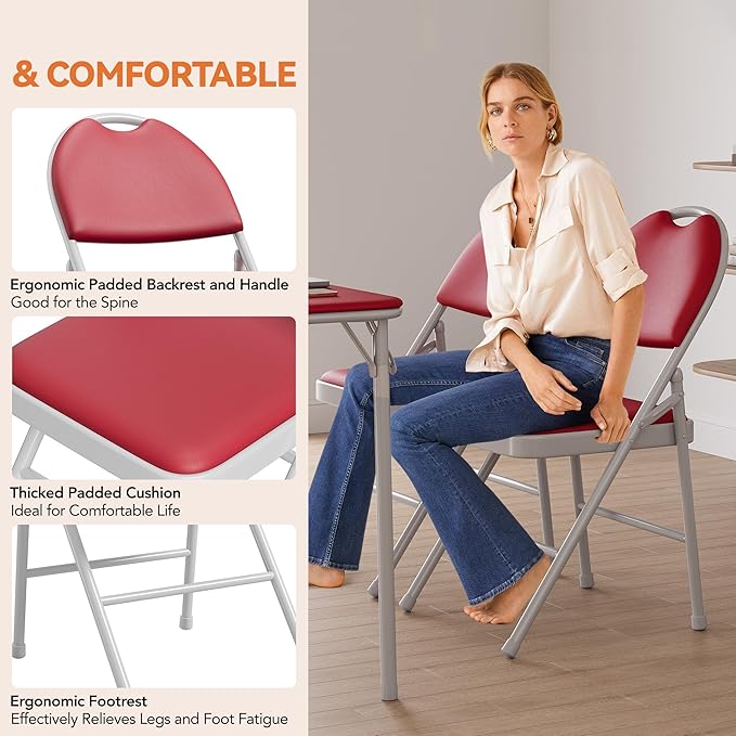 GarveeHome 2 Pack Folding Chairs with PU Leather Padded Cushion and Back, Metal Foldable Chair for Indoor Outdoor, Commercial Stackable Guest Chairs for Camping, Dining Room, Office, Party, Red