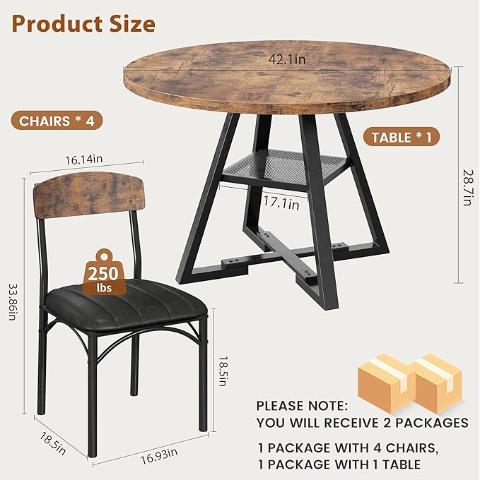Round Dining Table Set for 4, Kitchen Table and Chairs for 4, Circle Table Round Pedestal Dining Room Dinner Dinette Table Set,5 Piece Space Saving Wood Kitchen & Dining Room Tables Set Furniture