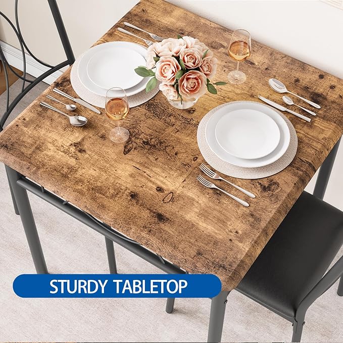 GarveeHome Small Dining Table Set for 2, Square Table and Chairs Set of 2, 3 Piece Kitchen Table Set of 2 with Upholstered Chairs, Dinner Table Set for 2 for Small Spaces, Apartment, Rustic Brown