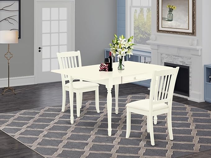 East West Furniture MZDA3-LWH-C 3 Piece Dining Room Table Set Contains a Rectangle Kitchen Table with Dropleaf and 2 Linen Fabric Upholstered Dining Chairs, 36x54 Inch, Linen White