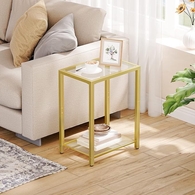 HOOBRO Side Table, 2-Tier End Table, Nightstand for Tight Spaces, Tempered Glass Bedside Table, Modern Metal Frame, for Office, Bedroom, Living Room, Study, Gold GD76BZ01