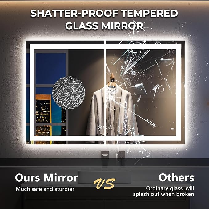 60x40 Inch LED Bathroom Mirror with Lights Front and Backlit Lighted Vanity Mirror for Bathroom Wall with 3 Colors Dimmable Anti-Fog Memory Shatter-Proof IP54 Waterproof Horizontal/Vertical