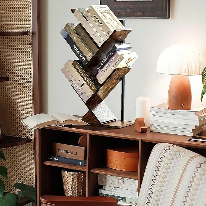 5 Tier Tree Bookshelf Floating Book Shelves for Wall Mount, Wooden Hanging Shelves Storage for Displaying Books/CDs/Magazine, Unique Wall Bookcase Organizer Shelves for Home, Office, Living Room