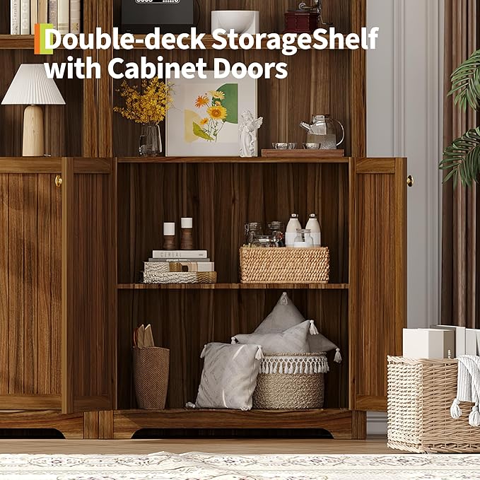 GAOMON 72'' Tall Arched Cabinet, 5 Tier Arched Bookshelf with Double Doors & Adjustable Shelf, Wooden Bookcase with Storage for Living Room, Bedroom, Study, Kitchen, Home Office, Walnut Color