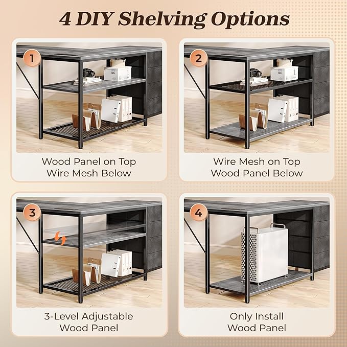 PRAISUN 61" L Shaped Desk with Power Outlets and USB-C Port, Reversible Computer Corner Office Desk with 4 Fabric Drawers and 2 Height-Adjustable Shelves, Large for Gaming Writing Work Study, Grey