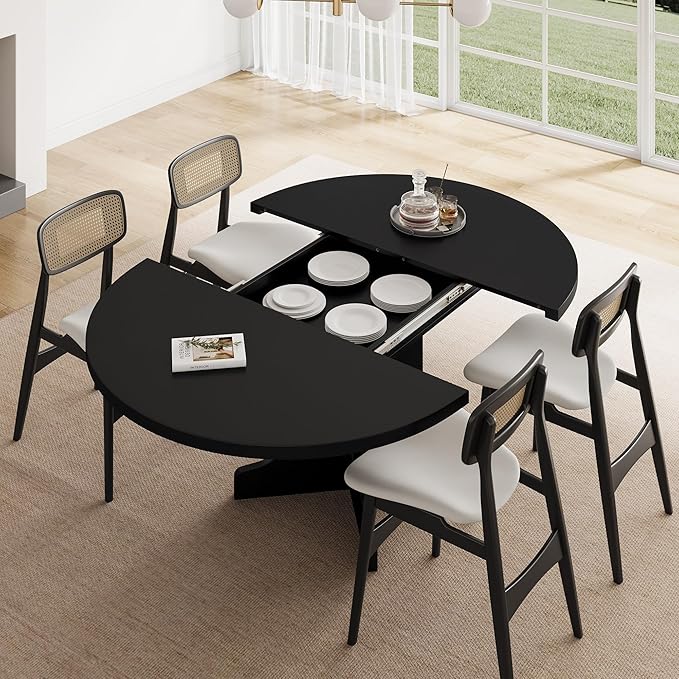 Feonase 59" Round Extendable Dining Room Table for 4-6, Modern Oval Kitchen Table with Heavy Duty Wood Base, Metal Frame Support, for Kitchen Dining Living Room, Easy Assembly, Black