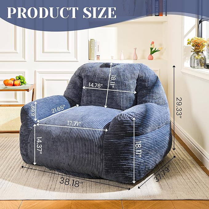Bean Bag Chair, Faux Fur Bean Bag Chairs for Adults, Fluffy and Comfy Bean Bag with Filler, Bean Bag Sofa Chair for Reading, Gaming, Stuffed High-Density Foam (Grey)