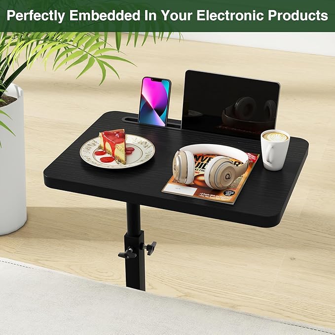 IBUYKE Tray Table for Couch, 360° Swivel Height Adjustable End Table for Small Spaces, with Phone & Tablet Slot, Modern Small Coffee Snack Table for Sofa/Bed, Black UTVT003B
