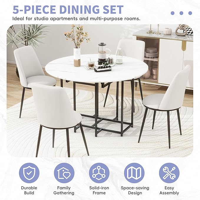 Merax 47.2” Round Dining Table Set for 4, Foldable Kitchen Dining Table with 11.8” Drop Leaves, Faux Marble Top with Golden Frame, 4 Upholstered Chairs (White+Beige)