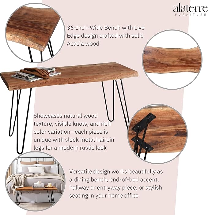 Alaterre Furniture 36-Inch Live Edge Wood Bench – Natural Acacia Wood Top with Metal Hairpin Legs – Sturdy and Easy to Assemble Rustic Modern Entryway or Accent Bench