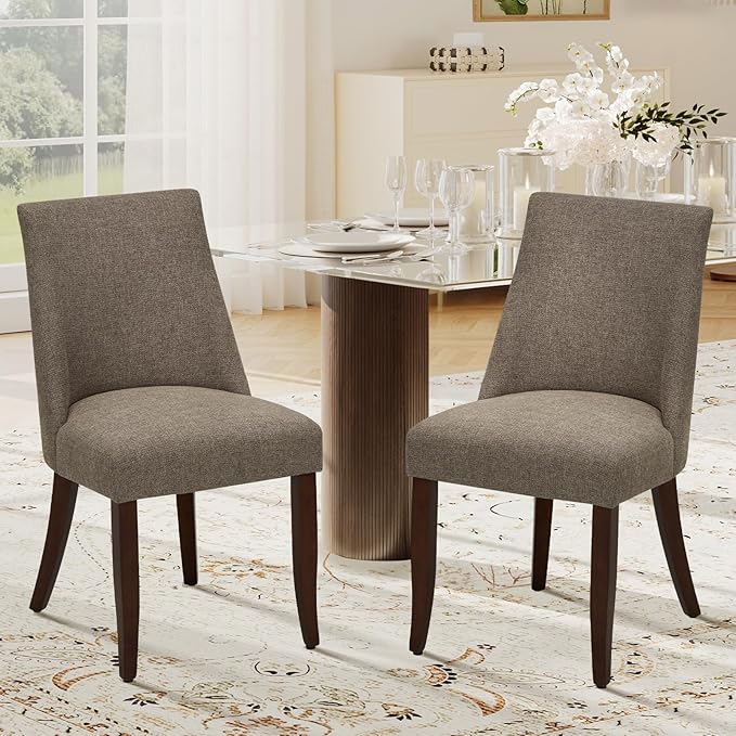 COLAMY Upholstered Dining Chairs Set of 2, Mid Century Modern Kitchen Chairs with Back, Farmhouse Fabric Side Dining Room Chairs with Wood Legs for Dining Room Restaurant, Brown