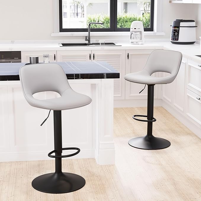 YOUNIKE Bar Stools Set of 2 Modern Swivel Barstools, Adjustable Counter Height Bar Stools Faux Leather Upholstered Counter Stools with Hollow Back for Kitchen Island, Grey