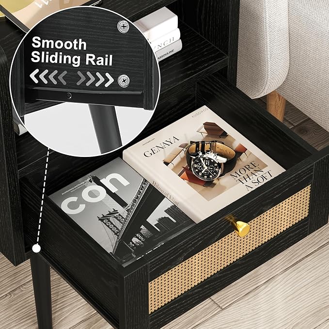 Nightstand Rattan with Charging Station, Mid Century Modern Bed Side Table, Boho End Table with Wood Legs, Bedside Tables for Bedroom Living Room (2, Black, 11.8" D x 15.9" W x 23.4" H (1 Drawers))