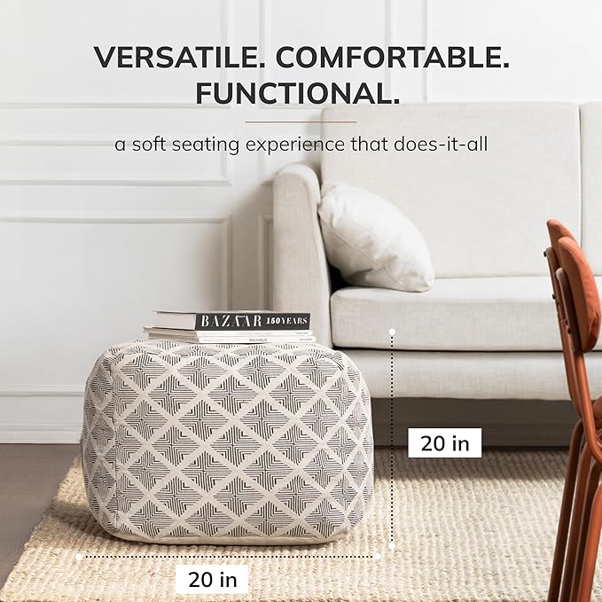 Anji Mountain 100% Handmade & Handcrafted Comfortable Home Décor Pouf Ottoman Footrest for Living Room, Bedroom, Nursery, Kidsroom, Patio Furniture - (20" x 20" x 20"- Black,Ivory)