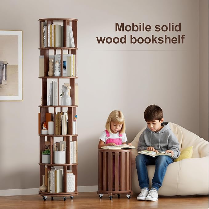 KEIKI 360° Spinning Revolving Bookcase, Solid Wood 6 Tier Rotating Bookshelf with Storage, Narrow Tall Book Rack & Art Deco Bookshelf Organizer, Walnut