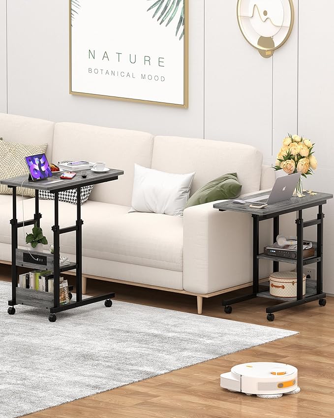 C Shaped End Table Height Adjustable - Couch Side Table with Charging Station, TV Tray with Wheels Slide Under Sofa for Wall Shelf with Hooks for Bedroom, Bathroom, Living Room, Grey