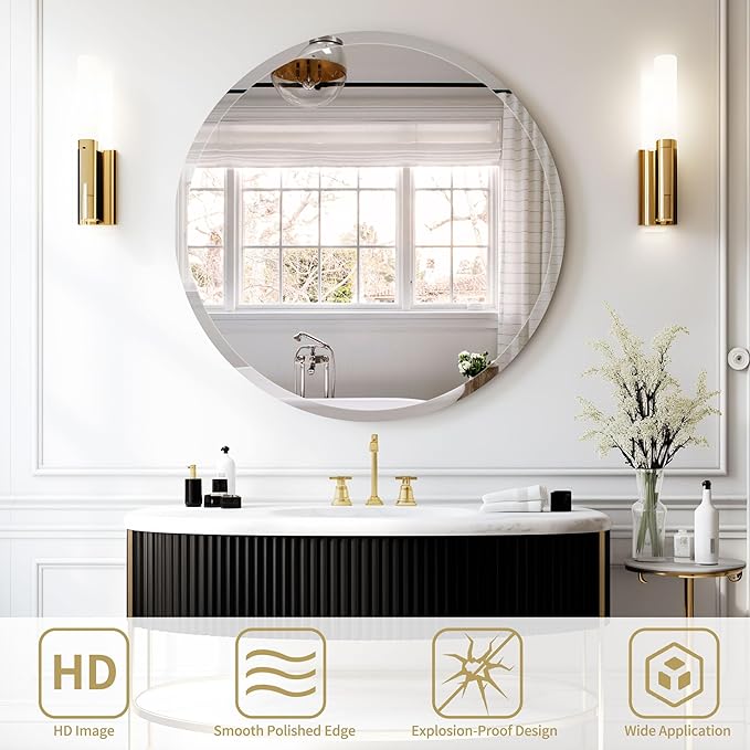 28" Frameless Beveled Round Mirror with 1" Edge for Bathroom, Entryways, Vanity, Wall Decor