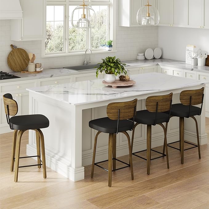 Swivel Counter Height Bar Stools with Back Set of 2, 26" Faux Leather Kitchen Bar Stools with Wood Legs and Metal Footrest for Kitchen Island (Black PU)
