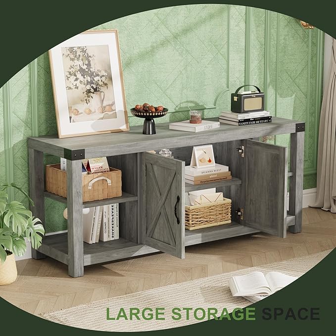 IDEALHOUSE TV Stand for 65 Inch TV, 60 Inch Entertainment Center with Storage, Farmhouse TV Console Table with Shelves,Doors, Modern TV Stand for Living Room, Bedroom - Grey
