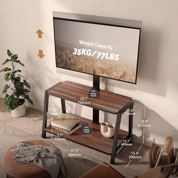 FITUEYES Wood TV Stand with Mount for 32-55 inch TVs, 2 Tier Entertainment Center with Storage for Bedroom & Corner, Tall Wooden TV Mount Stands & Metal Mount - Max Load 77lbs for Flat Screen