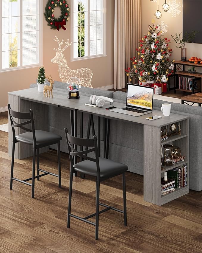 Garvee Bar Table and Chairs Set, 3 Piece Bar Table Set with with Flip Top Extension and Storage Shelves, Dining Table Set for 2, Suitable for Small Space Kitchen Apartment, Grey