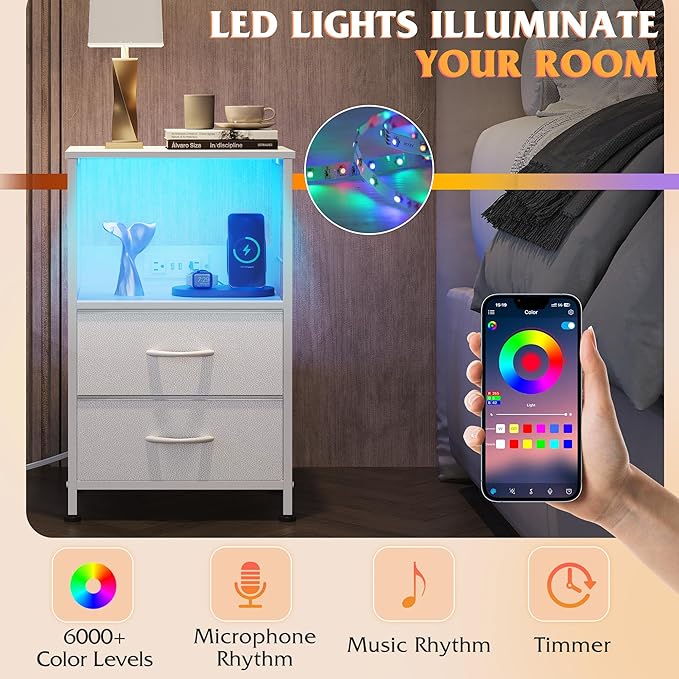 WLIVE White Night Stand with Charging Station, LED Nightstand with 2 Fabric Drawers and Storage Shelf, Dorm Bedside Table End Table with 2 USB Ports and Outlets, Small Dresser for Bedroom, Living room