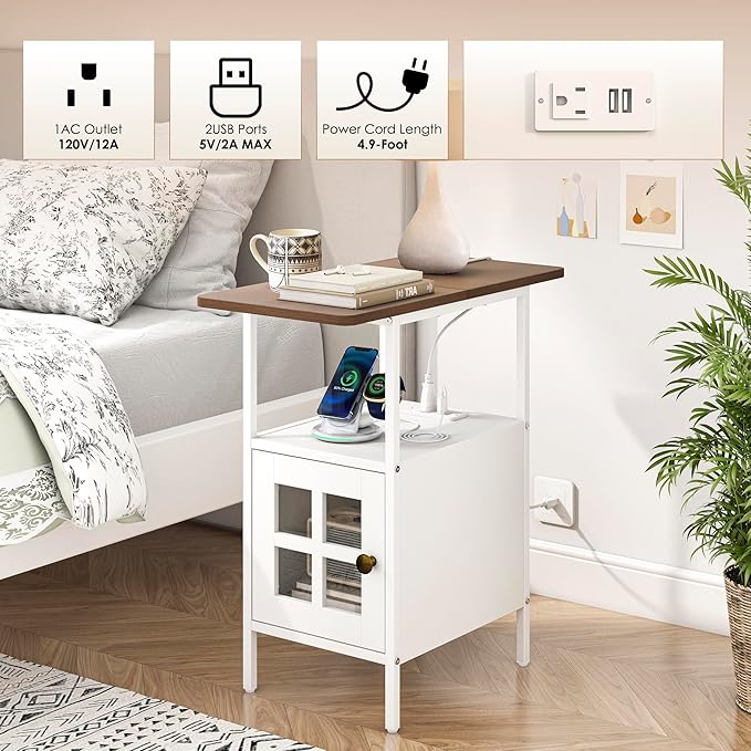 Farmhouse Narrow Side Table with Charging Station - 3-Tier End Table with USB & Outlets Compact Bedside Storage Table for Small Spaces, Multi-Functional Accent Table for Bedroom, Couch Corner Entryway
