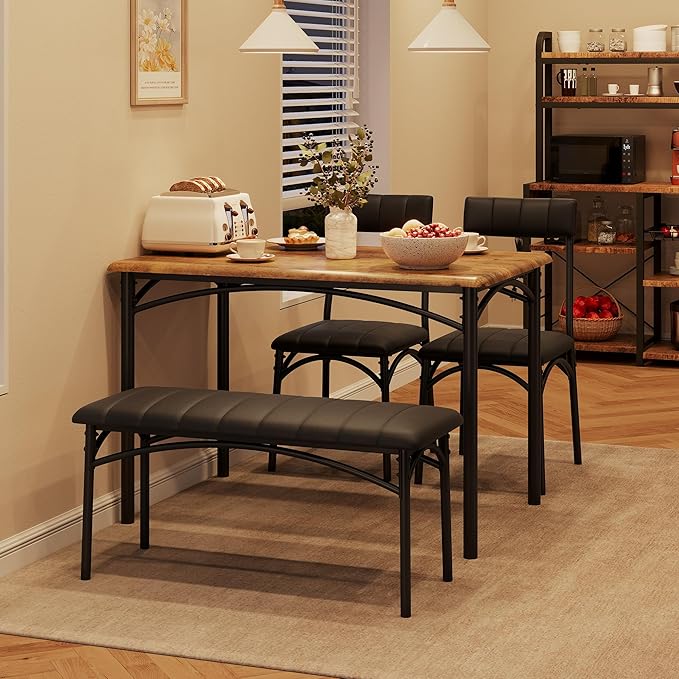 Garvee Dining Table Set for 4, Kitchen Table with Upholstered Bench and 2 Chairs, 4-Piece Wooden Dining Table Set for Apartment, Dining Room, Small Space, Brown