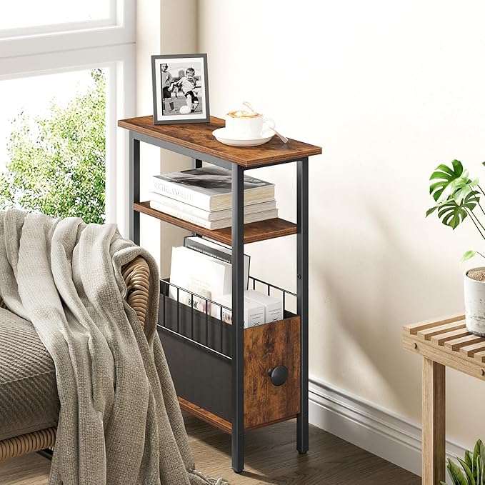 Snughome Narrow Side Table for Small Spaces, Slim End Table 3 Tier, Skinny Nightstand with Drawer, Sofa Beside Table with Storage Shelf for Living Room Bedroom