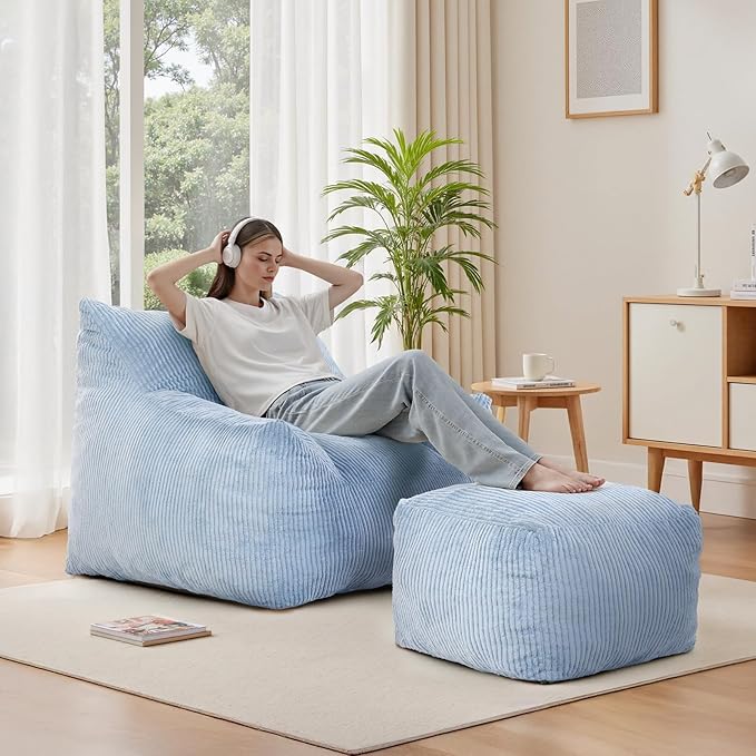 INMOZATA Bean Bag Chair for Adults, 3FT Beanbag Chairs with Ottoman Pre-Filled Fluffy Lazy Chair Corded Fabric Accent Chair for Bedroom Living Room Dorm (Light Blue)