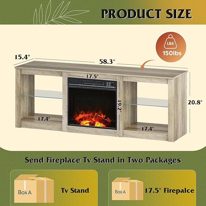 WLIVE 58 Inches Fireplace TV Stand with LED Lights, Modern Entertainment Center with 18'' Electric Fireplace & Adjustable Glass Shelves, Sturdy Media Console for Living Room, Bedroom (Grey Oak)