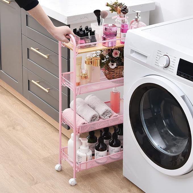 KINGRACK 4-Tier Slim Rolling Cart with Wooden Tabletop, Easy Assemble Metal Utility Cart, Slide Out Narrow Storage Cart for Narrow Space on Bedroom Bathroom Laundry Room Apartments Dormitory, Pink