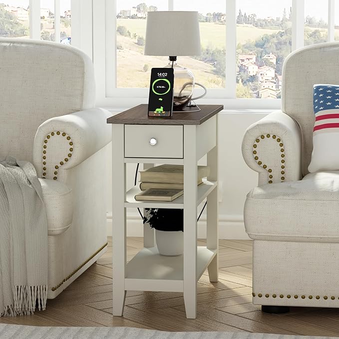 ChooChoo Farmhouse End Table with Charging Station, Narrow Side Table Living Room with USB Ports & Power Outlets and Hidden Drawer,White and Brown