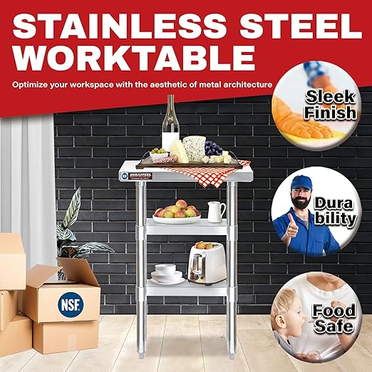 DuraSteel Food Prep Stainless Steel Table - 24 x 12 Inch Commercial Metal Workbench with Adjustable Under Shelf - NSF Certified - for Restaurant, Warehouse, Home, Kitchen, Garage