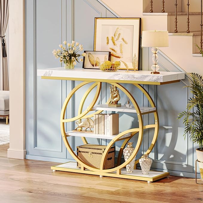 Huuger 41.3 Inch Entryway Table with Marble Top, Modern Console Sofa Table, Accent Table with Shelves, for Entry, Hallway, Entrance, Foyer, O-Shaped Metal Frame, White Marble & Gold