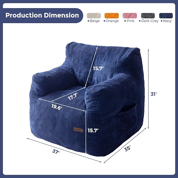 MAXYOYO Bean Bag Chair, Tufted Bean Bag Couch Lazy Chair, Living Room Sofa Couch with Filler for Adult Teens Kids, Corded Fabric Accent Sofa for Bedroom Dorm, Navy