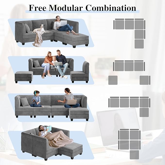 Shintenchi 5 Pieces Sectional Couch Modular Sofa,U Shaped Reversible Chaise Velvet SofaCouch with Cushions,Modular Sectional Sofa with Ottoman for Living Room (Dark Grey)