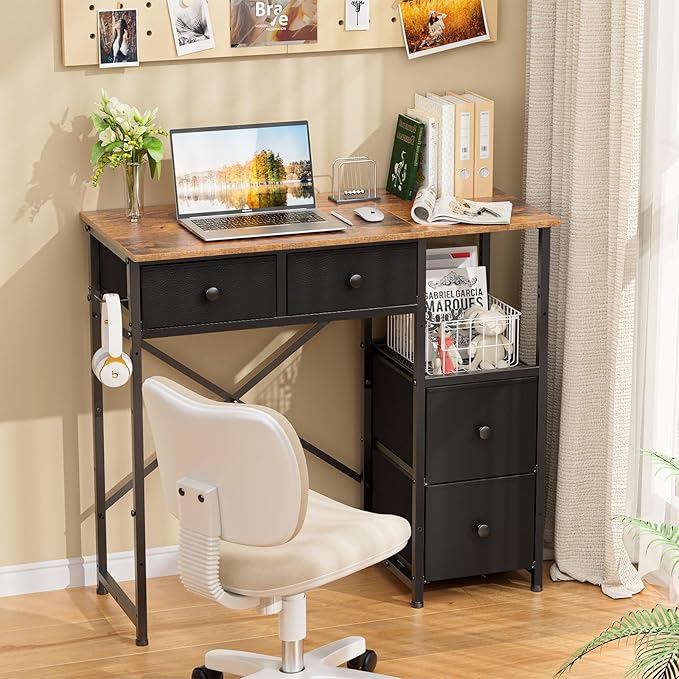 Small Computer Desk with 4 Fabric Drawers, Simple Writing Desk for Home Office, Compact Study Desks for Small Spaces, Kids Desk Study for Bedroom, Rustic Brown