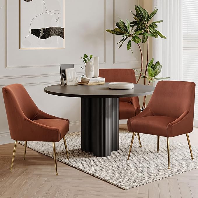 Modern Velvet Dining Chairs Set of 2, Contemporary Upholstered Furniture Collection with Polished Gold Metal Legs, Elegant Accent Chairs for Kitchen Living Room(Brown)