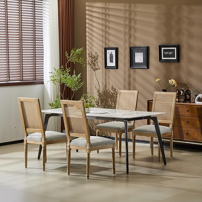 Merax Upholstered Solid Wood Dining Chairs Set of 4, French Country Style Accent Side Seating Furniture for Kitchen, Living Room, Wicker Back, Grayish Green