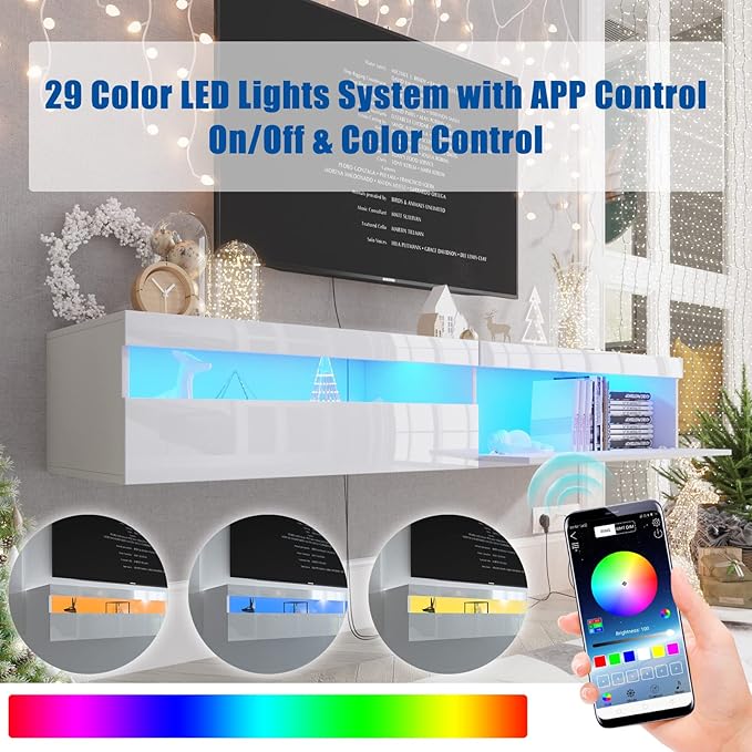 Floating TV Stand with Led Lights, 71 inch Wall Mounted TV Shelf with Power Outlet, Modern Entertainment Center Media Console with Storage Cabinet, Up to 80 Inch TVS, White