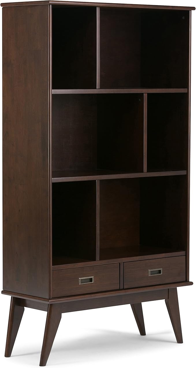 SIMPLIHOME Draper Bookcase - 64 inch Tall Solid Hardwood Wide Storage Bookshelf in Medium Auburn Brown, Mid-Century Modern Storage for Living Room or Office with Adjustable Shelves and Tapered Legs