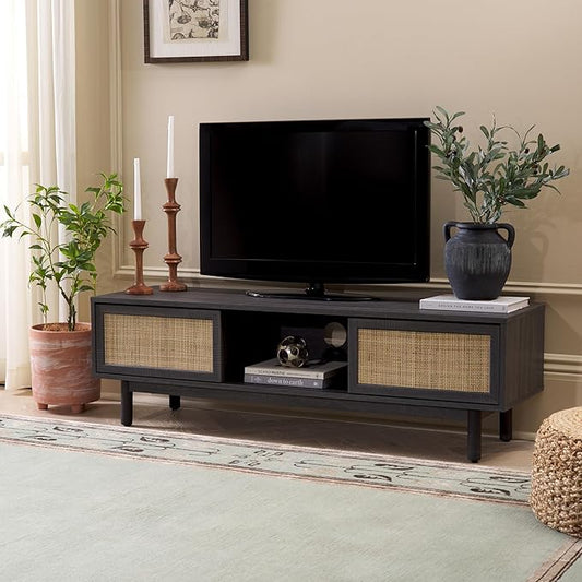 SAFAVIEH Aino TV Stand for up to 60" Flatscreen – Distressed Black, 2 Sliding Doors with Interior Storage, 1 Open Shelf, Entertainment Media Console (MED9619E)